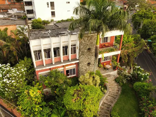 Aerial view of La Palmera: the 1960s house with its stone-clad wall, tall palm and terraced garden in Miraflores.