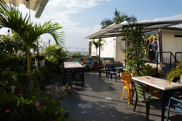 The rooftop terrace in late-afternoon light: palms, mosaic tables, mismatched chairs and the bar's awning.